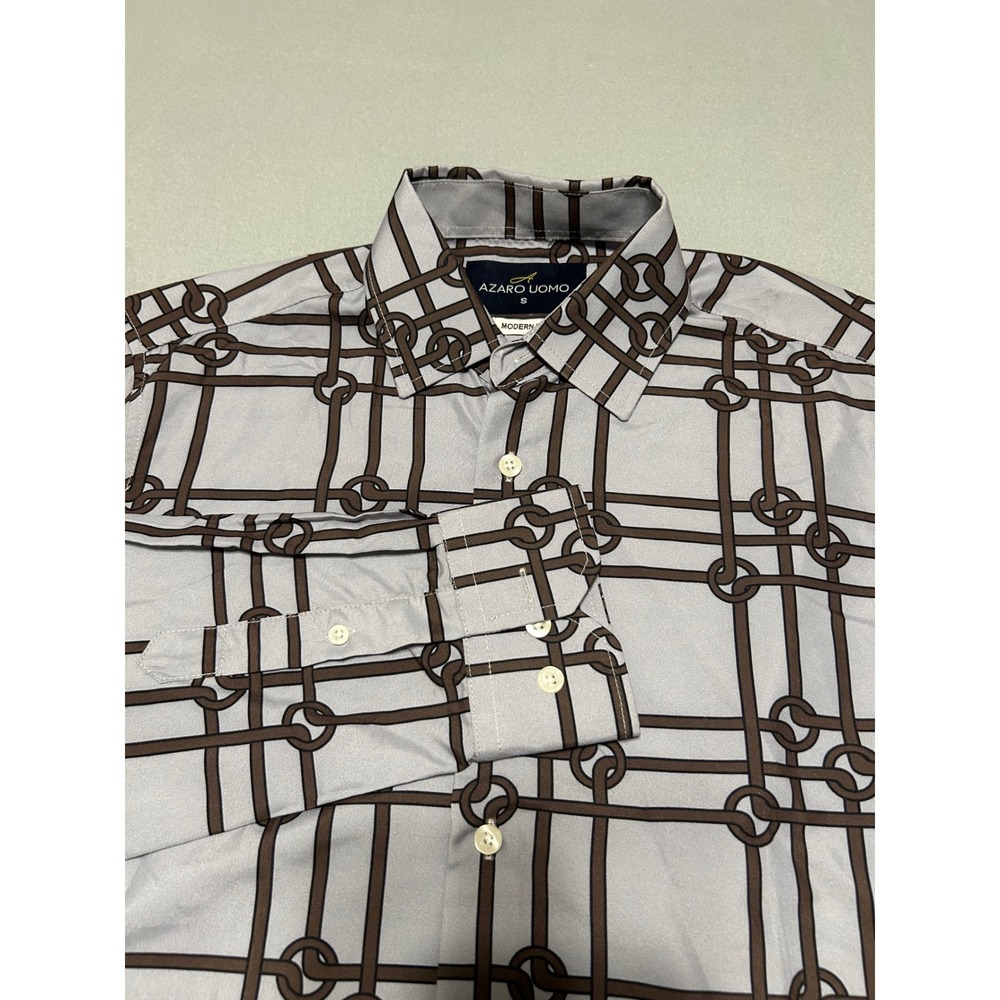 Azaro Uomo Mens Modern Fit Geometric Chain Link Button Down Shirt Small Gray